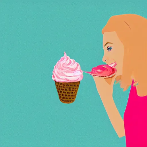 Image similar to strawberry blonde haired girl eats pink ice cream, cute, digital art, pop art