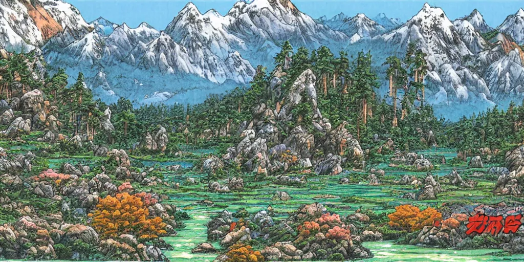 Image similar to art by akira toriyama of the cinematic view of the jiuzhaigou valley forest