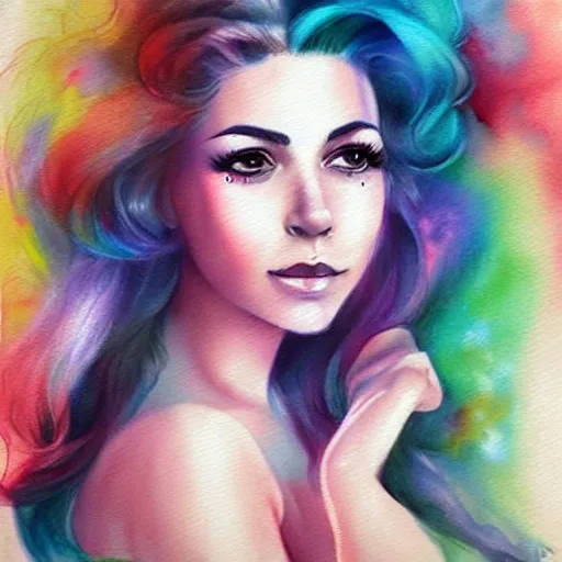 Prompt: marina diamandis, trending on arstation, by vanessa lemena dn charlie bowater, colorful pastels watercolor artwork painting