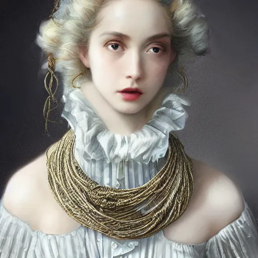 Prompt: A masterpiece portrait of a Incredibly beautiful futuristic high fashion queer model girl with a large luxurious Victorian necklace made of barbred wire. Rococo dress from wax. trending on artstation, digital art, by Stanley Artgerm Lau, WLOP, Rossdraws, James Jean, Andrei Riabovitchev, Marc Simonetti, Yoshitaka Amano