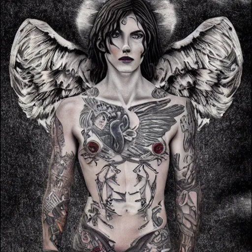 Image similar to beautiful androgynous fallen angel with tattoos on his body being cast from heavens, intricate, hd, high detailed, 4 k, art by grey rukowski