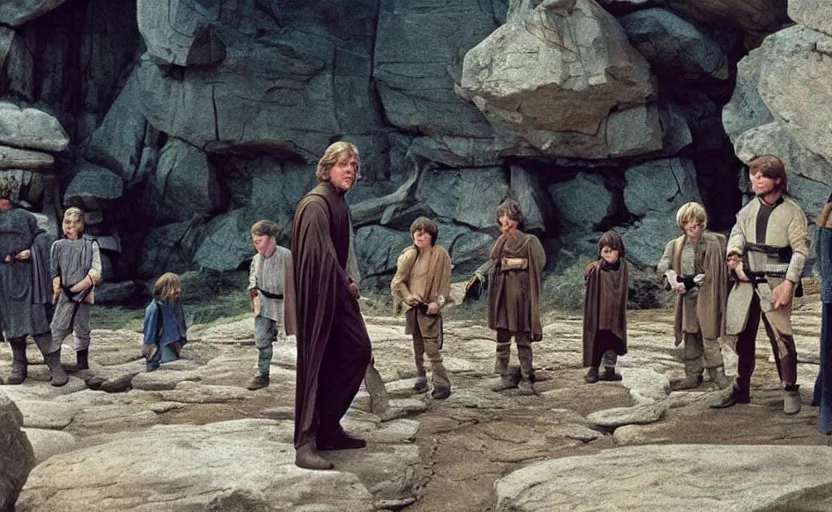 Image similar to screenshot of Luke Skywalker teaching a close of young padawans outside a rocky Jedi Temple scene from The Force Awakens, 1970s film by Stanley Kubrick, serene, iconic scene, Mark Hammil portrait, stunning cinematography, hyper-detailed, sharp, anamorphic lenses, kodak color film, 4k