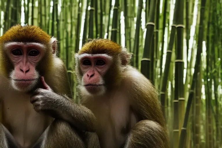 Image similar to cinematography closeup portrait of monkeys dancing in a bamboo forest, natural light by Emmanuel Lubezki