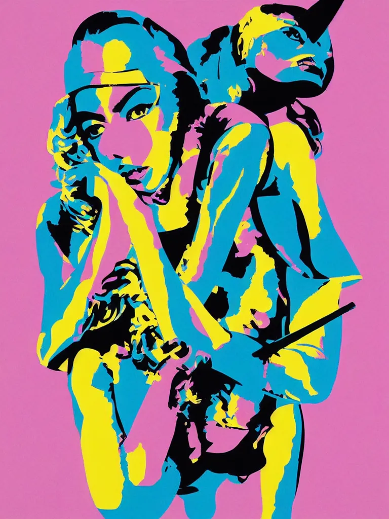 Image similar to Memphis abstract minimal art, regal portrait of Beyonce riding a great white shark with a trident, inspired by Andy Warhol and Daft Punk