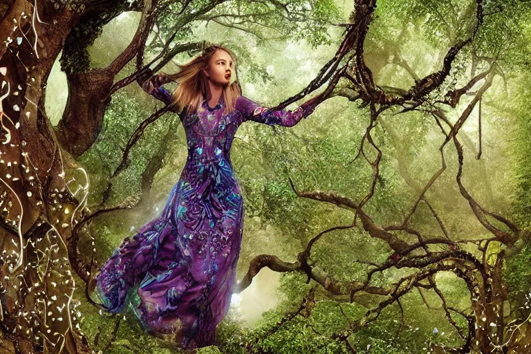 Prompt: transcendent cybernetic forest spirit being wearing mughal valentino patterned dress, jumping through large tree branches, vines, near scifi ruins, holograms