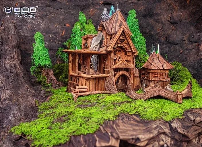 Prompt: high - res gopro photograph from within a wooden sculpture diorama with a fantasy castle, highly detailed sculpey diorama, forest setting in iceland, waterfall backdrop, realistic materials, wood, felt, cloth, burlap, copper wire, hot glue, smooth, sharp foccus, commercial product photography,