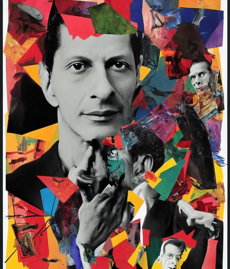 Image similar to Beautiful colorful Minimalist!!!! Horror Movie Poster made for the film Kafka's the Metamorphosis (1987) Starring Jeff Goldblum transforming into a large insect, photo collage and oil painting by David Cronenberg and Man Ray, trending on artstation Cinematic lighting minimalist! !collage 8k