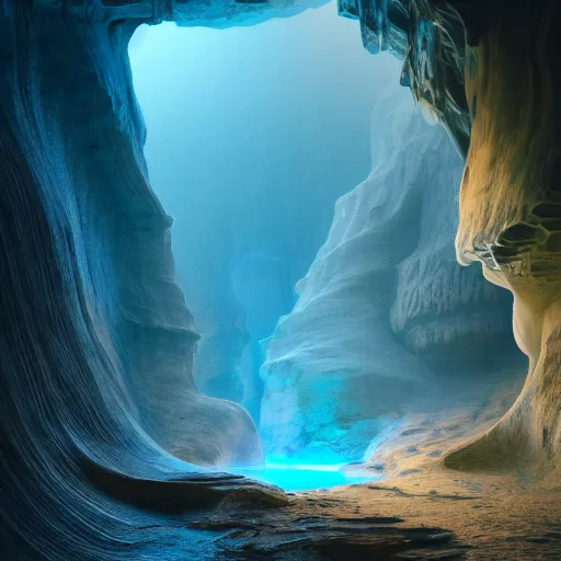 Image similar to light is mine to travel,beyond time ,the cathedrals in a canyon grotto of life the beginning , geological strata,ground mist, falling water,pools of water, hypermaximalist,micro details, 3d sculpture,,digital rendering,octane render , 4k, artstation, concept art , f22,deep depth of field,photographic, wide angle,cinematic lighting