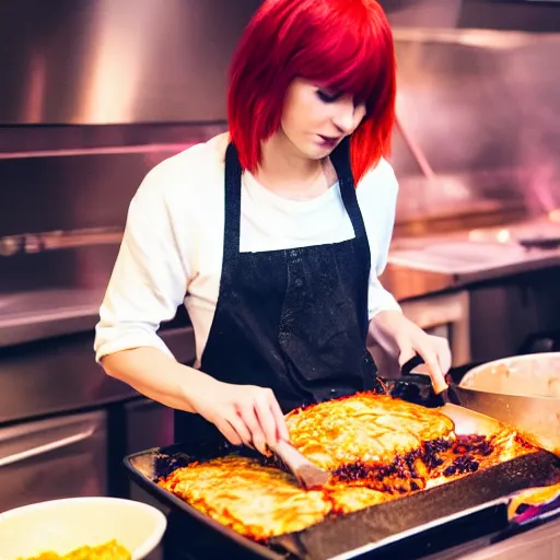 Image similar to hailey williams from paramore cooking lasagna, candid, 4 k