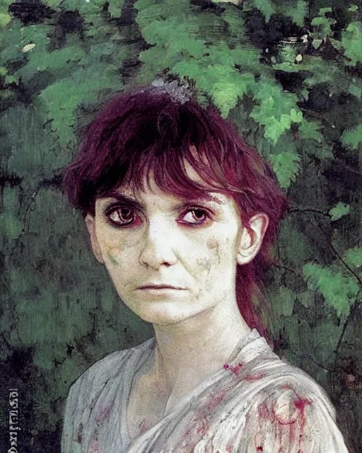 Image similar to a beautiful but sinister girl who looks like a young shirley henderson in dead space, with haunted eyes and crazy hair, horrifying, 1 9 7 0 s, seventies, delicate embellishments, a little blood, crimson, painterly, offset printing technique, by jules bastien - lepage