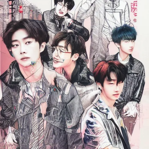 Image similar to jung jaehyun, mark lee, johnny suh, foreign swaggers, neo culture technology, art by kim jung gi