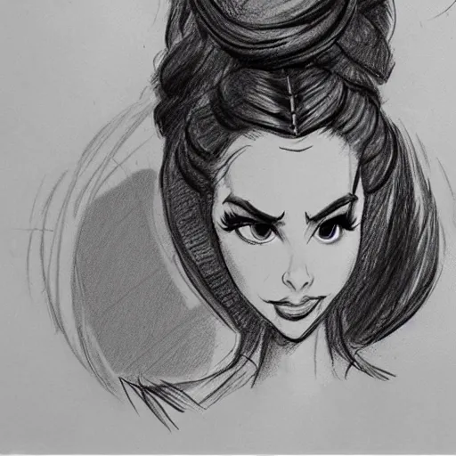 Image similar to milt kahl sketch of vanessa hudgeons with done up hair, tendrils covering face and ponytail as princess padme from star wars episode 3