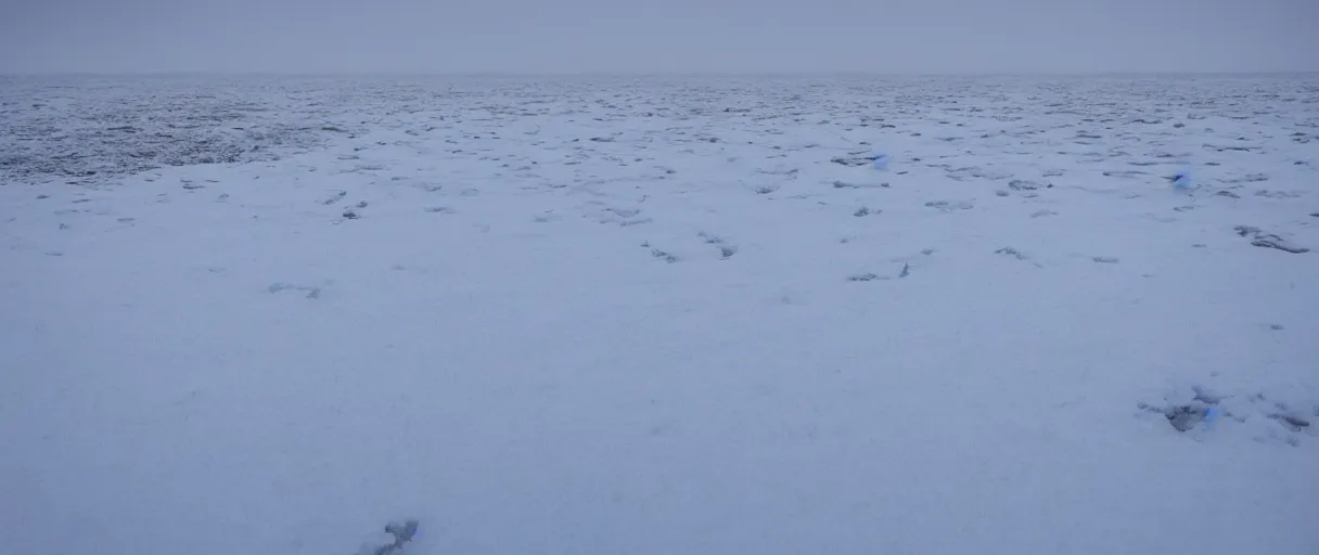 Image similar to a high quality color creepy atmospheric wide shot hd 4 k film 3 5 mm photograph of very heavy blizzard in desolate antarctica with a single trail of footsteps in the snow