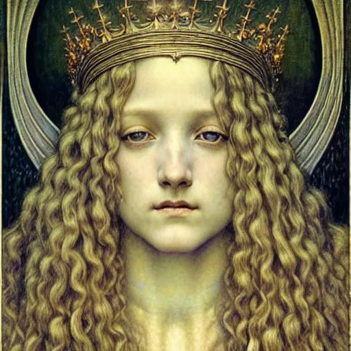 Image similar to detailed realistic beautiful young medieval queen face portrait by jean delville, gustave dore and marco mazzoni, art nouveau, symbolist, visionary, gothic, pre - raphaelite. horizontal symmetry