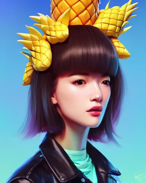 Image similar to pineapple girl wearing a candy hat and leather jacket, fine detail!! anime!! realistic shaded lighting!!, kim hyun joo, digital painting by ilya kuvshinov, magali villeneuve, artgerm, jeremy lipkin and michael garmash and rob rey