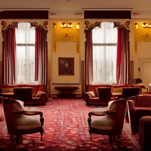 Prompt: luxury interior of a victorian hotel volumetric light morning cinematic photo, - h 7 6 8 - w 1 0 2 4