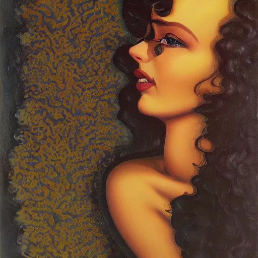 Image similar to a oil painting of a fair skin with dark curly stylised hair queen wearing dress, by hans emmenegger, by bruce pennington, by eyvind earle, by nicholas roerich, by georgia o keeffe, highly detailed, realistic, concept art, jewels, tiles curtains, oriental, desaturated