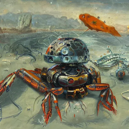 Prompt: robot crustacean, programming languages, oil on canvas by greg rutkowski and roberto matta