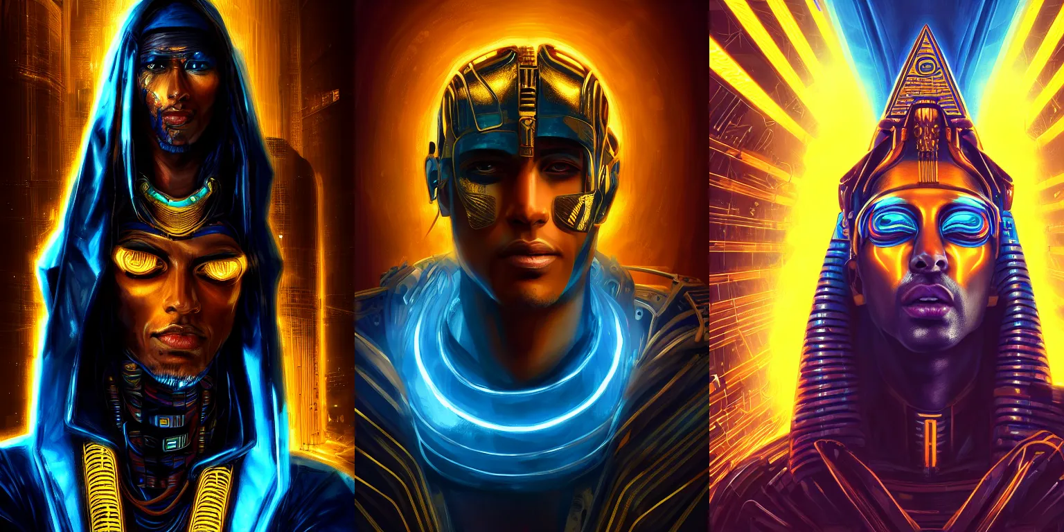 Prompt: Cyberpunk pharaoh. Half-length portrait. Dramatic. Gold blue lighting. Fantasy, digital painting, artwork, HD, 4k, detailed.