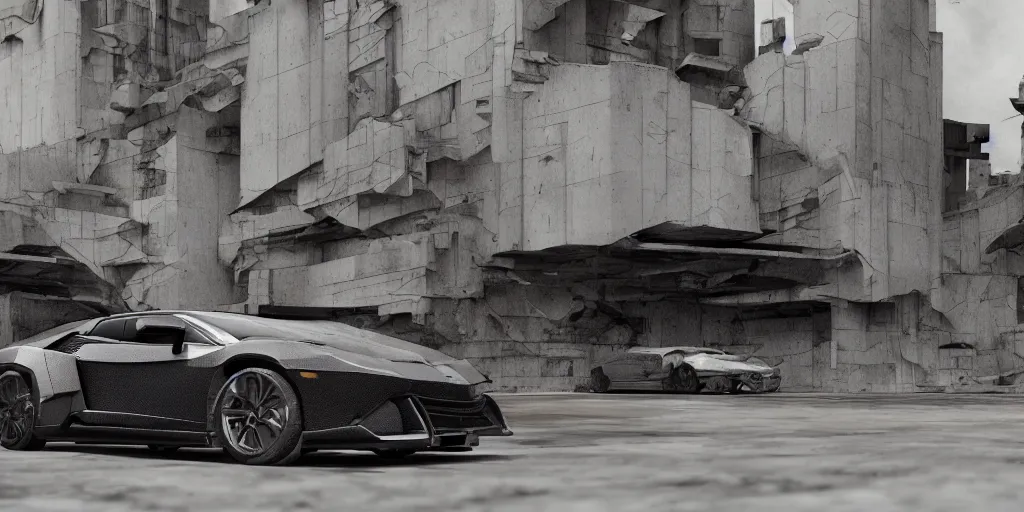 Image similar to black lego lamborghini in an abandoned city. brutalist architecture. soft light. cinematic. intricate. low angle close shot. highly detailed. matte painting in the style of thu berchs, sparth style, pascal blanche style, eddie mendoza style, ash thorp style. octane render. 8 k. trending on artstation