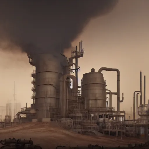 Image similar to a steampunk oil refinery in the desert that is on fire, shrouded in fog, highly detailed, 8k, sharp focus, trending on artstation