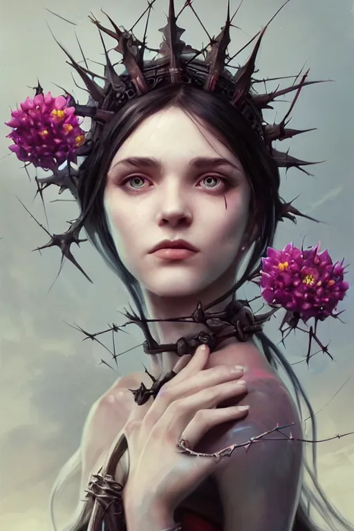 Image similar to portrait of cute gith maiden girl with crown of thorns and white hairs, warhammer, cyberpunk, 3 d render, hyper realistic detailed portrait, holding magic flowers, scifi, fantasy, hyper detailed, octane render, concept art, peter mohrbacher, artgerm, ruan jia, wlop