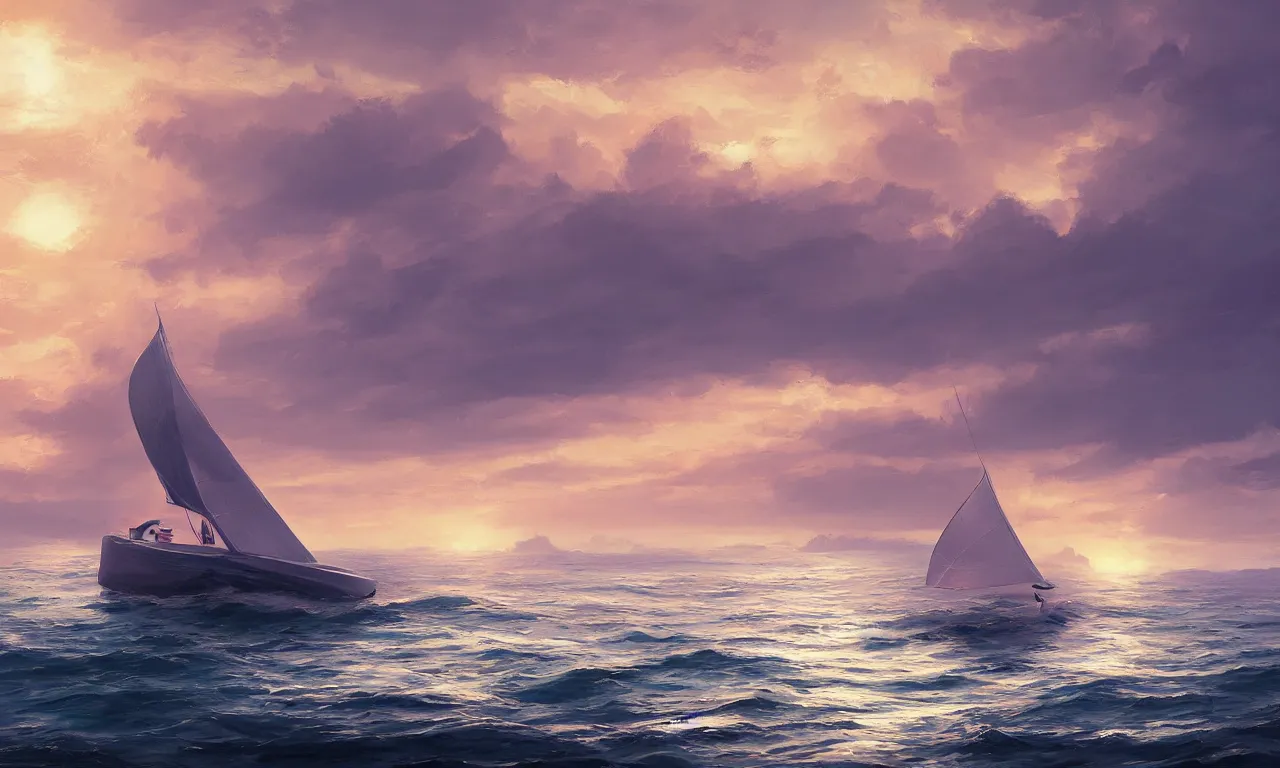 Prompt: A lonely yacht at sea, a magical summer, trending on artstation, 50mm, by Noah Bradley