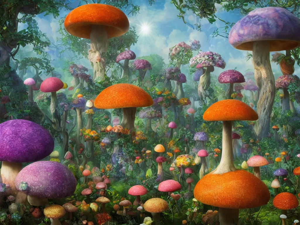 Image similar to The universe is a spheroid forest of enchanted mushrooms, 3d render, Sunlight Study, by Jan Davidsz de Heem and ((((Lisa Frank)))), Art Nouveau, 8k, extreme detail, sharp focus, octane render