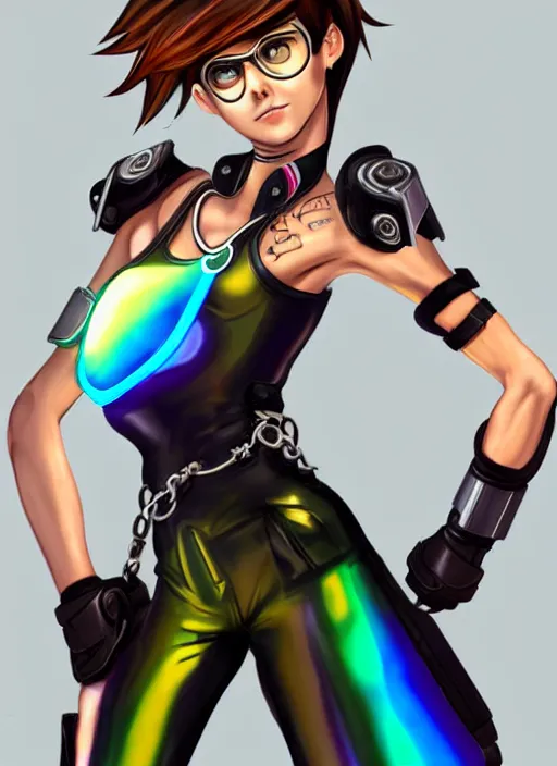 Image similar to full body digital artwork of tracer overwatch, wearing black iridescent rainbow latex tank top, 4 k, expressive happy smug expression, makeup, in style of mark arian, wearing detailed black leather collar, chains, black leather harness, leather cuffs around wrists, detailed face and eyes,