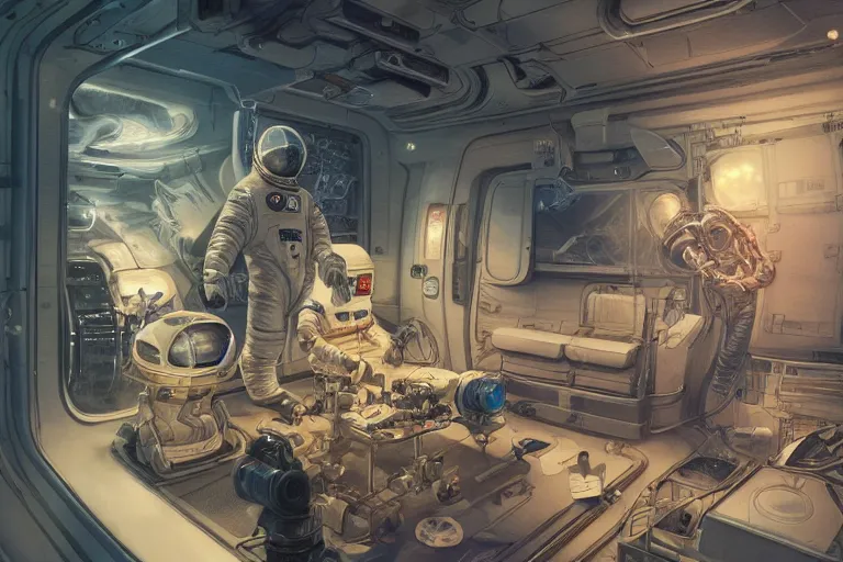 Image similar to hyperrealistic photography of a machine entering an astronaut host in the style of Jin Kagetsu, James Jean and wlop, highly detailed, sharp focus, intricate concept art, digital painting, ambient lighting, deep colors, 4k, artstation