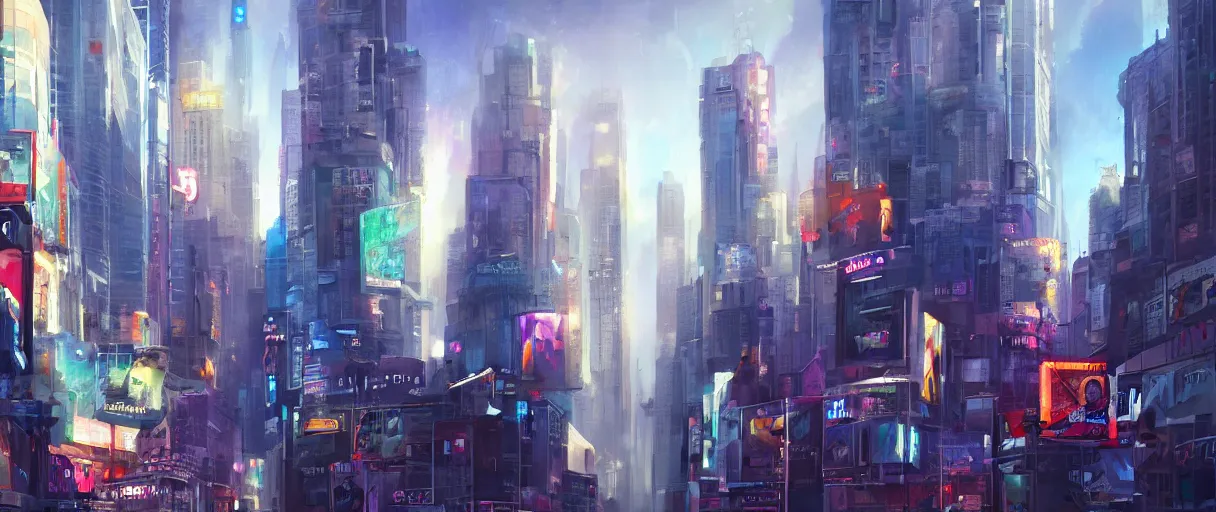 Image similar to huge modern downtown city, billboards, Times Square, concept art, digital painting, style of jordan grimmer, warm lighting, futuristic, volumetric lighting, view from below, vivid colours, bright, daytime, godrays , high detail