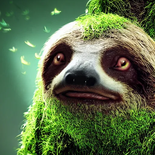 Image similar to Portrait of a sloth coated in green moss with moths buzzing around, ultra high definition, unreal engine, very detailed