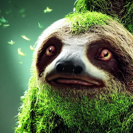 Prompt: Portrait of a sloth coated in green moss with moths buzzing around, ultra high definition, unreal engine, very detailed