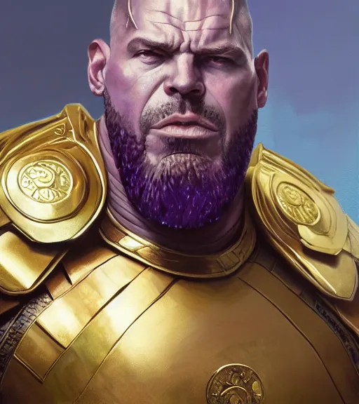 Image similar to Gigachad Thanos, boxing stance, wearing a luxurious roman warrior armor with gold and purple details, sigma male, accurately portrayed, portrait art by alphonse mucha and greg rutkowski, highly detailed, digital painting, concept art, illustration, dim lighting with twilight rays of sunlight, trending on artstation, very detailed, smooth, sharp focus, octane render, close up