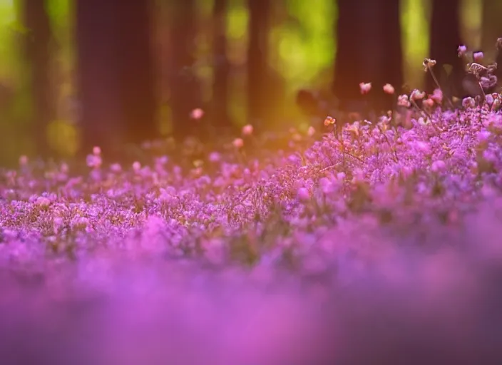 Prompt: a magical forest with delicate flowers that glow in the dusk, macro close up, bokeh,