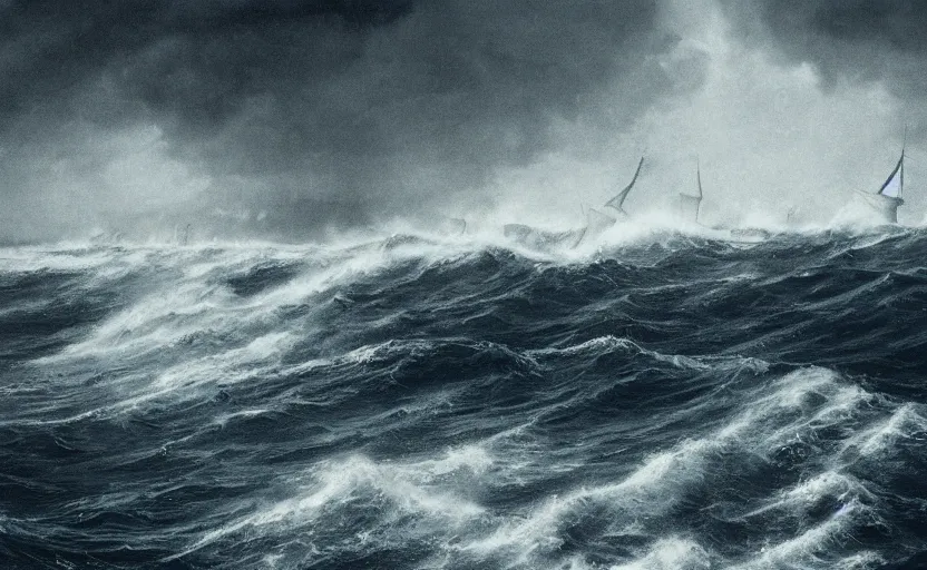 Prompt: middle of the ocean, large waves, battle between 1800s ships, side by side, no land, dark skies, close up shot, at dusk, 4k, rule of thirds, extreme detail, hazy, water splash, intricate ink illustration, surreal, straight horizon, surrealist, trending on artstation, cgsociety, hd, complimentary colours, realistic lighting, by Albert Bierstadt, Frederic Edwin Church.