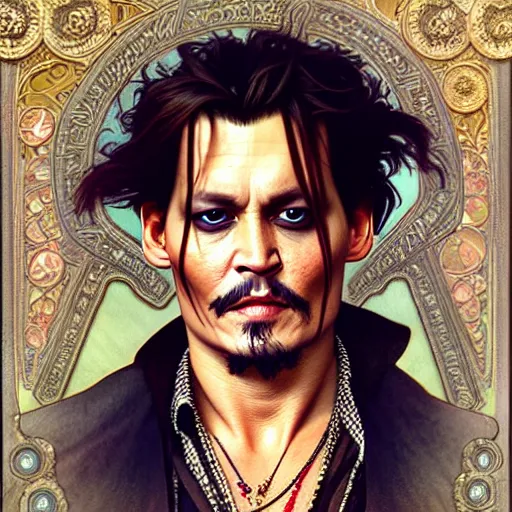 Image similar to full portrait of johnny depp as ace ventura, fantasy, d & d, intricate, detailed, by by alphonse mucha, adolfo hohenstein, alice russell glenny, stanley artgerm lau, greg rutkowski, detailed, trending on artstation, trending on artstation, smooth