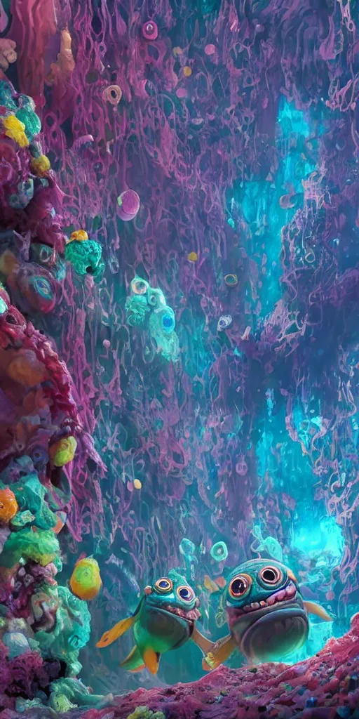 Image similar to of a colorful deep sea cave with strange cute friendly happy creatures with huge eyes, mouth, long tongue and round teeth appearing from sandy coral, in the style of gehry and gaudi, macro lens, shallow depth of field, ultra detailed, digital painting, trending artstation, concept art, illustration, cinematic lighting, photorealism, epic, octane render