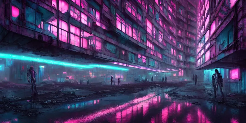 Prompt: concept art, octane render, a brooding, decrepit dystopian city, reflections, volumetric neon lighting, dramatic, cyan magenta white neon glow, 8 k, ultra - hd, insanely detailed and intricate, hypermaximalist, brutalist habitat 6 7, elegant, ornate, by gerald brom, by syd mead, akihiko yoshida, doug chiang, cinematic