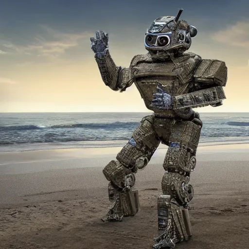 Image similar to bipedal humanoid robot invading omaha beach, hyper realistic, 4 k, highly ornate intricate details, sharp image, incredible detail,