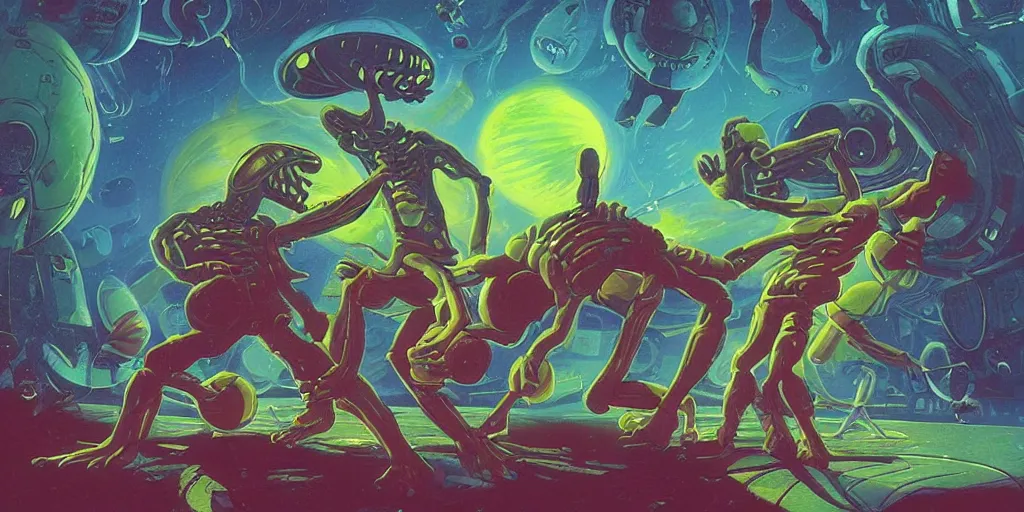 Prompt: digital illustration of a aliens doing mixed martial arts and basketball by paul lehr and chris moore and michael whelan, mix of styles, highly detailed, intricate, studio ghibli color scheme