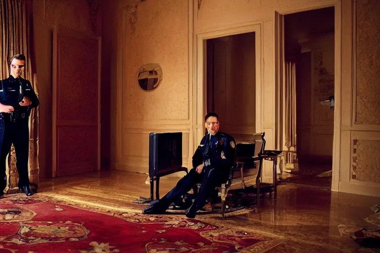 Image similar to cinematography portrait of a cop talking to his radio in an decadent mansion foyer by Emmanuel Lubezki