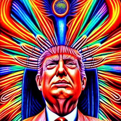 Image similar to alex grey illustration of Donald trump sitting Indian style with psychedelic visions expanding outward from his mind