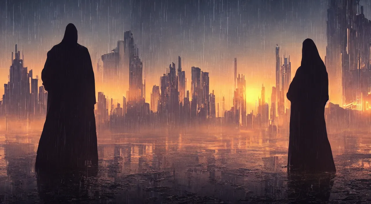 Image similar to a singular cloaked figure standing in the foreground of a cyberpunk landscape, synth, puddles, sunrise