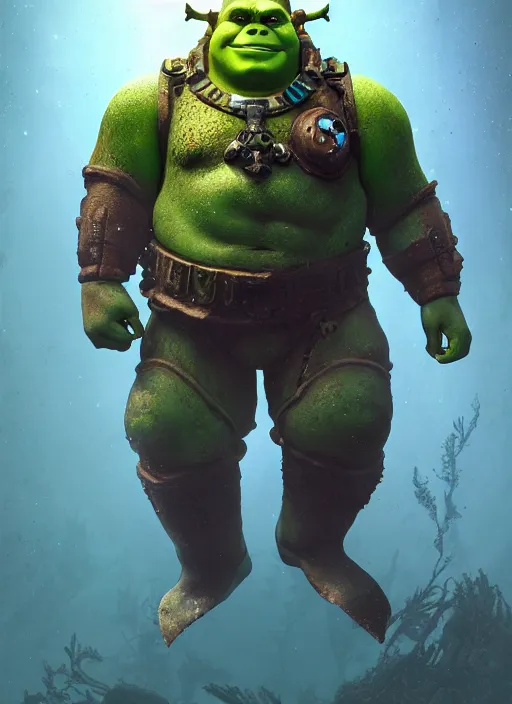 Prompt: underwater portrait of shrek as the space marine, apocalypse, naturel, hyper detailed, digital art, trending in artstation, cinematic lighting, studio quality, smooth render, unreal engine 5 rendered, octane rendered, art style by klimt and nixeu and ian sprigger and wlop and krenz cushart.