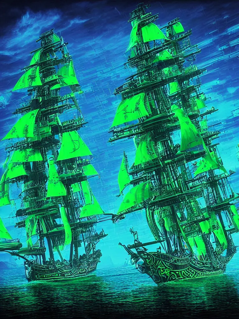 Prompt: an epic looking cyberpunk pirate ship with neon sails, sailing in ocean waves made of neon green and teal matrix code, highly detailed digital by rob gonsalves, intricate, hyperrealistic, fantasy sci - fi, volumetric lighting, neon ambiance, bright colors, lens flare, 6 point perspective