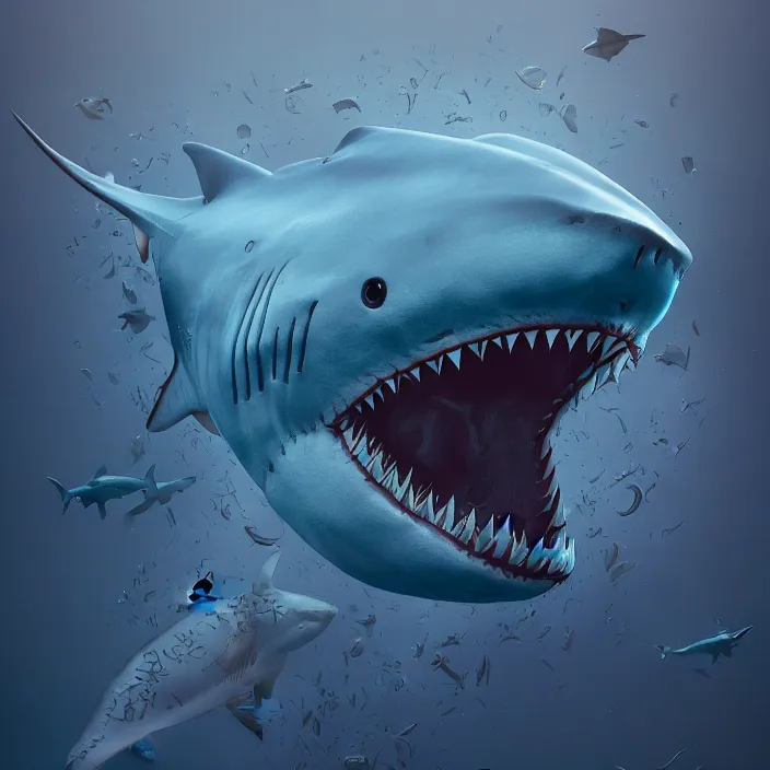 Image similar to shark with the head of joe biden intricate abstract. intricate artwork. by tooth wu, wlop, beeple, dan mumford. octane render, trending on artstation, greg rutkowski very coherent symmetrical artwork. cinematic, hyper realism, high detail, octane render, 8 k, iridescent accents