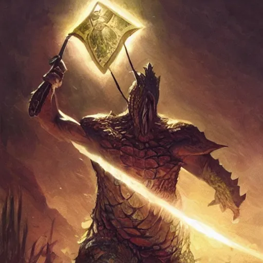 Image similar to a crocodile warrior holds a morning star and a shield, by greg rutkowski, magic the gathering,