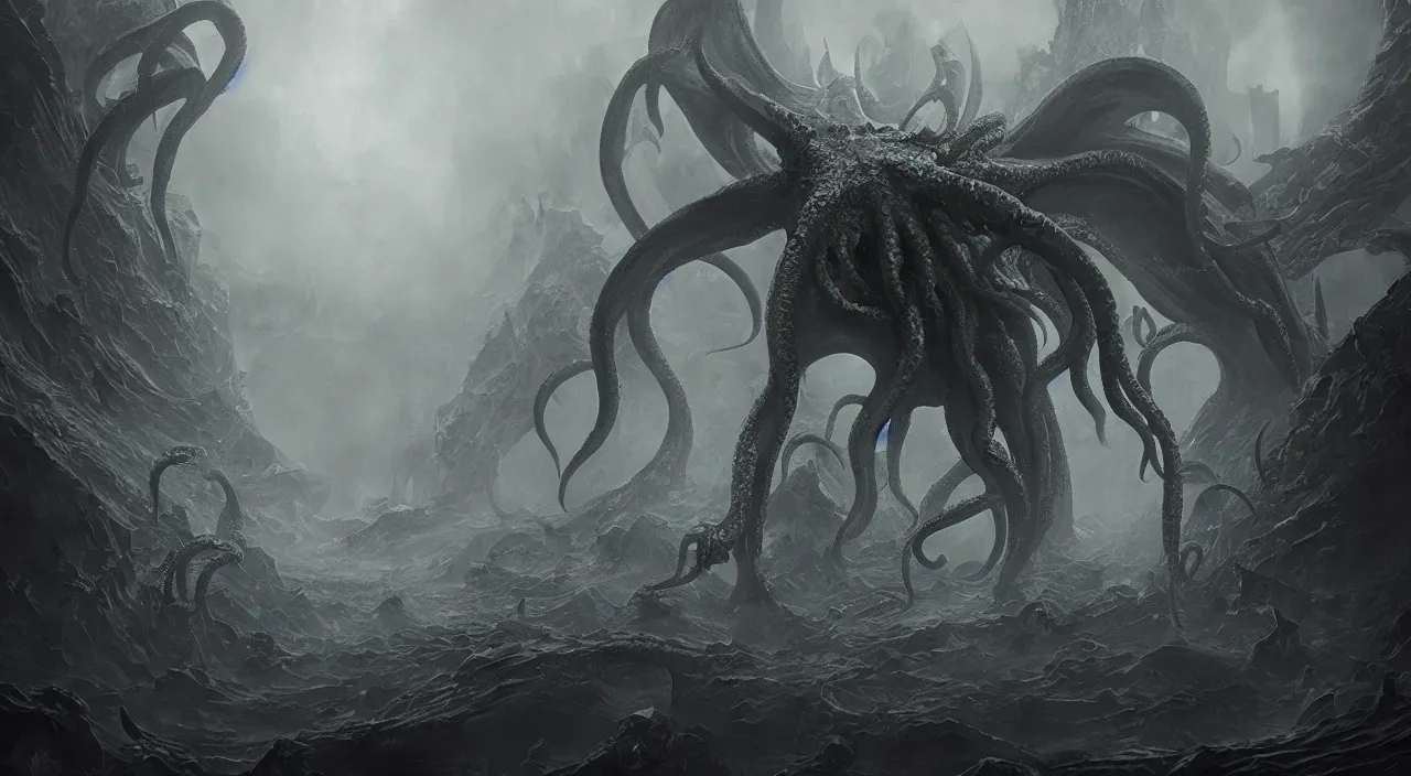 Image similar to cthulhu emerging from a thick fog in the center of a metropolitan city, large scale, breathtaking, mixed media, digital art, trending on artstation, 8k, epic composition, highly detailed, AAA graphics