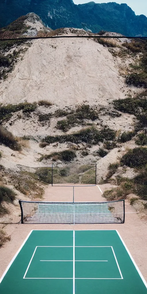 Image similar to Tennis court between mountains and sea. the style of National Geographic magazine